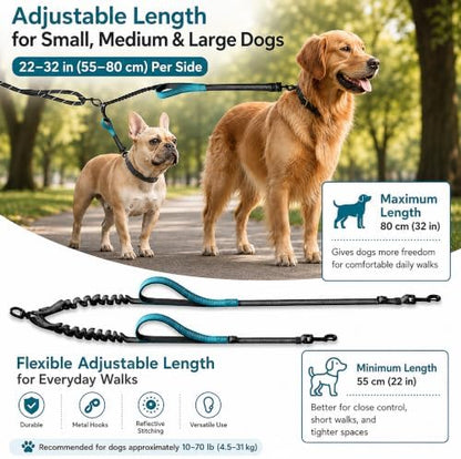 wikiRay Double Dog Leash Coupler for Walking 2 Dogs – No Tangle Dual Dog Splitter with Shock-Absorbing Bungee, Padded Traffic Handles & Reflective Stitching (Sea Green) - Image 2