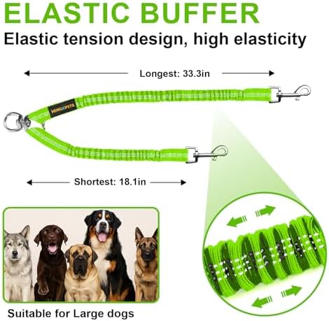 MingXpet 2 Dog Leash, Dog Leash for 2 Dogs, 360° Swivel No Tangle Double Walking Training Leashes for Large Dogs that Pull, Comfortable Shock Absorbing Reflective Bungee, Green - Image 2