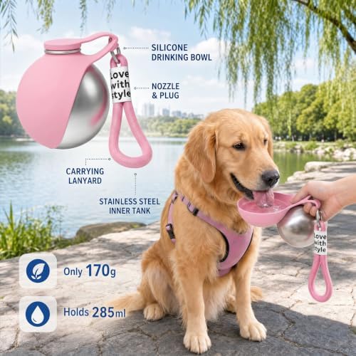 2 in 1 Portable Dog Water Bottle, 2026 New 10oz Spherical Stainless Steel Pet Bottle with Silicone Foldable Bowl,No-Spill Leak-Proof Design,Dog Water Bottle for Walking,Hiking & Travel & Camping-Pink - Image 3