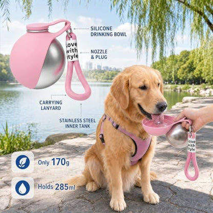 2 in 1 Portable Dog Water Bottle, 2026 New 10oz Spherical Stainless Steel Pet Bottle with Silicone Foldable Bowl,No-Spill Leak-Proof Design,Dog Water Bottle for Walking,Hiking & Travel & Camping-Pink - Image 3