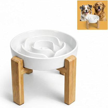 Elevated Slow Feeder Dog Bowl - Upgraded with Screwed Bamboo Stand - Ceramic Maze Dish for Fast Eaters - Raised Feeding Bowl for Medium and Large Dogs - White