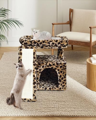 Small Leopard Print Cat Tree for Indoor Cats | Short Tower with Scratching Post, Ramp Pad, Condo with Perch Bed, Kittens Play House, Hanging Plush Ball & Cave for Resting (Leopard Print) - Image 2