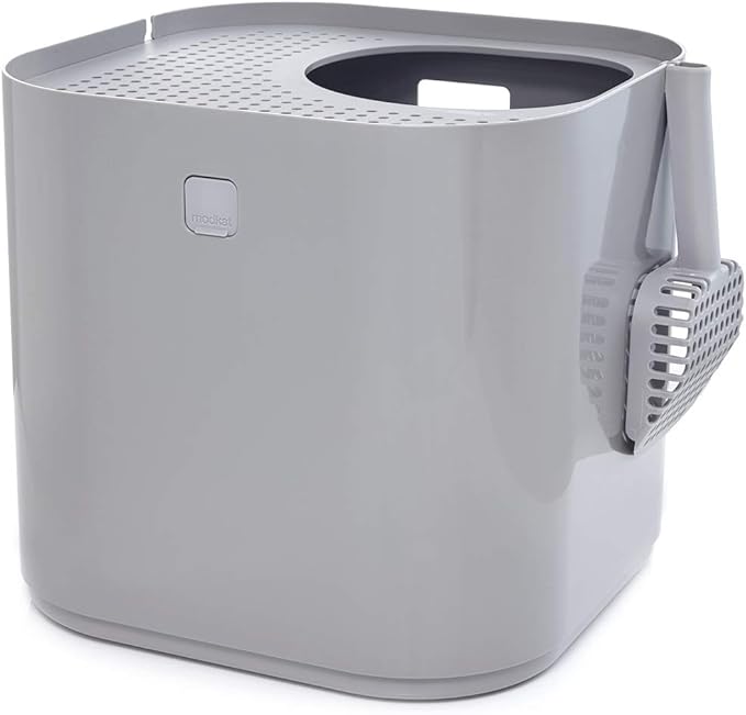 Modkat Top-Entry Litter Box - Reduces Litter Tracking, Swivel Lid for Easy Cleaning, Leak-Proof, Dog Proof - Includes Scoop & Reusable Liner Gray