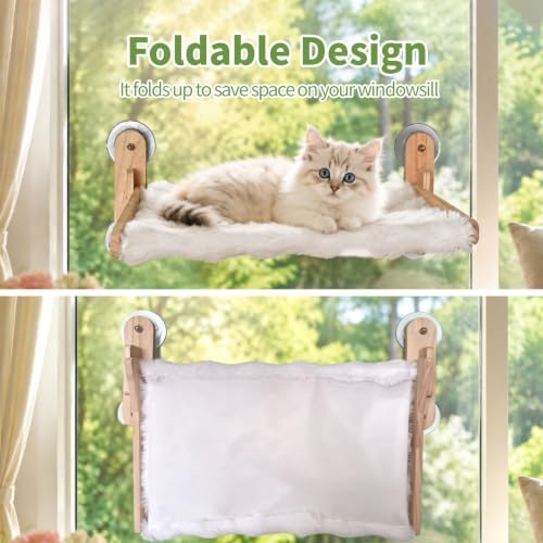 Foldable Cat Window Perch,Cat Hammock Bed with Wood Frame,Washable Soft Rabbit Fur Cover,Strong Suction Cup,Window Seat for Kitten, Indoor Cats, Birds Watching - Image 3