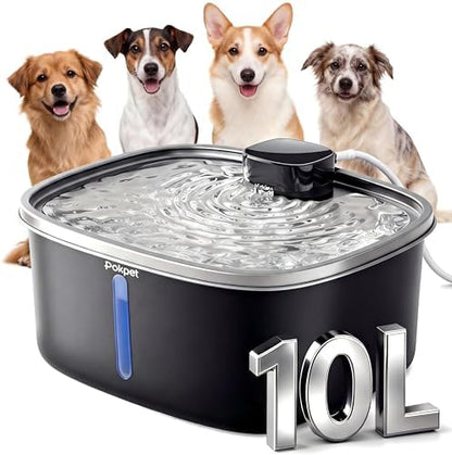 Dog Water Fountain Indoor Homes Stainless Steel 10L/2.64GAL Plug in Plastic Reservoir Stainless Steel Water Bowl Filtered Multi-Pet Quiet Large Black Plug-in &1Filter by pokpet