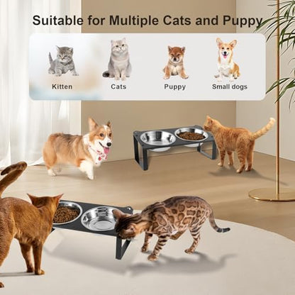 2 Set Elevated Cat Food Water Bowls, 4 Stainless Steel Bowls for Indoor Pet with Cute Metal Stand, 10° Tilted Anti-Vomiting Wide Shallow Raised Cat Dishes Whisker Friendly for Multiple Kitten,Puppy - Image 3