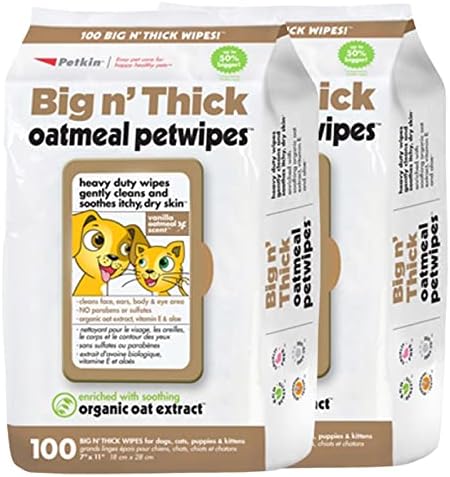 Petkin Pet Wipes for Dogs and Cats, 200 Wipes (Large) – Oatmeal Pet Wipes for Dogs and Cats – Soothes Itchy Dry Skin and Cleans Ears, Face, Butt, Body and Eye Area – 2 Packs of 100 Wipes by Petkin