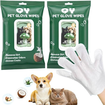 20-Pack Extra Thick Pet Cleaning Glove Wipes with Lid | Value Pack Dog & Cat Grooming Gloves | Rinse-Free Bath Wipes with Coconut, Aloe & Jojoba for Odor Control & Daily Care