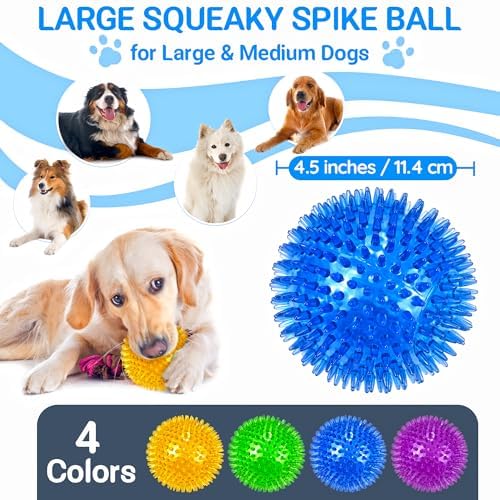 LECHONG 4-Pack Large Squeaky Dog Balls, 4.5" Rubber Spiky Dog Balls for Large Medium Aggressive Chewers Teeth Cleaning, Chew Toy for Training & Boredom Buster - Image 2