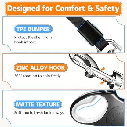 Retractable Dog Leash, 16 FT Strong Nylon Tape for Small and Medium Dogs up to 55 lbs, 360° Tangle-Free Design, One-Hand Brake & Lock with 3 Control Modes, Ergonomic Non-Slip Handle - Image 5