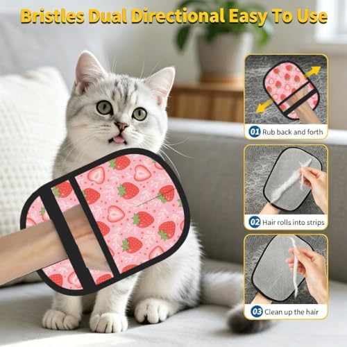 Pink Strawberry Pet Hair Removal Glove Brush Hair Remover Tool for Carpet - Image 6