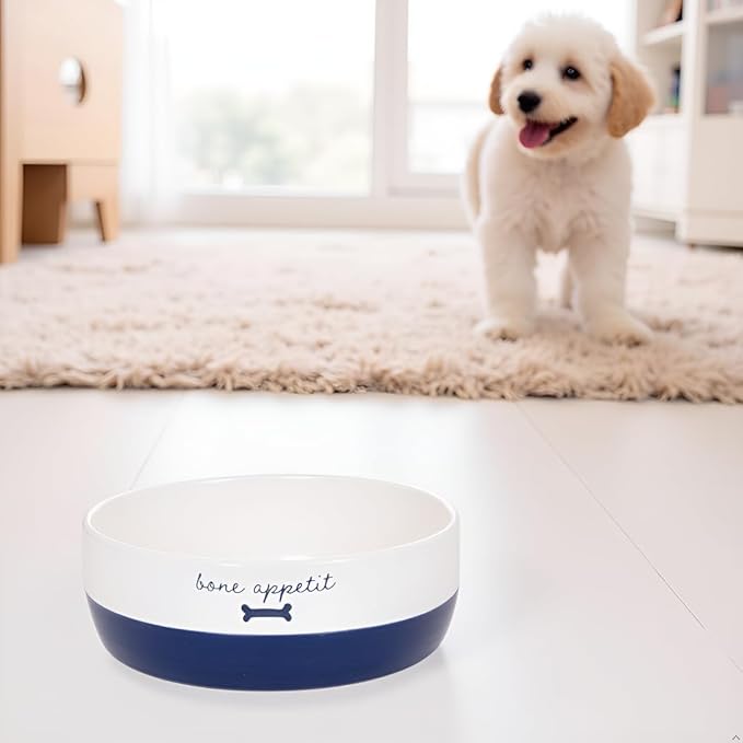 Pearhead Ceramic Dog Bowl – White & Navy “Bone Appétit” Design, Stoneware Pet Dish, Non-Skid Feeding Bowl, Small/Medium 2.25 Cups/ 18 oz