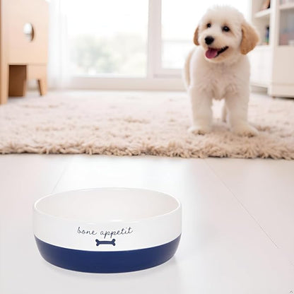 Pearhead Ceramic Dog Bowl – White & Navy “Bone Appétit” Design, Stoneware Pet Dish, Non-Skid Feeding Bowl, Small/Medium 2.25 Cups/ 18 oz