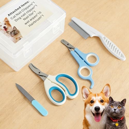Pet Nail Clippers Kit for Cats and Dogs, Professional Grooming Set with Cat and Dog Nail Clippers, Nail File, Hairbrush, 10 Wet Wipes, Storage Case - Image 2