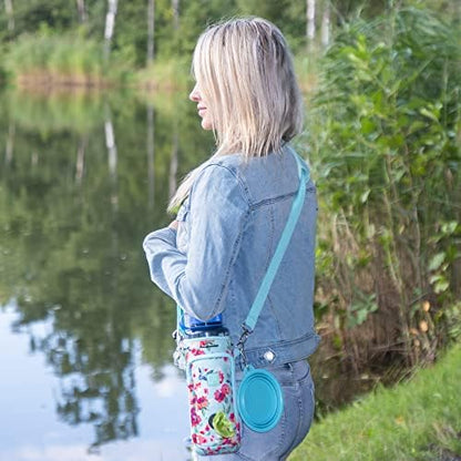 Made Easy Kit Water Bottle Carrier with Pocket for Dog Poop Waste Bags and Adjustable Padded Shoulder Strap (Tall & Large (40oz) with Bowl, Teal Floral) - Image 4