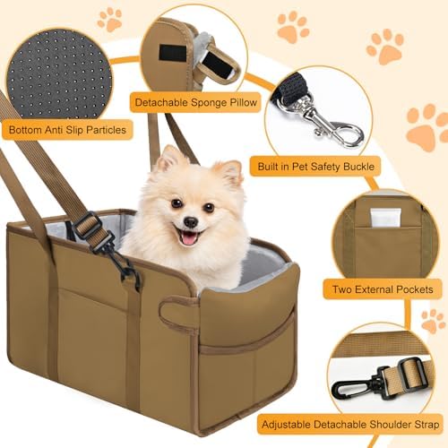 Portable Dog Car Seat for Small Dogs, Puppy Car Seat, Khaki - Image 3