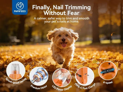 PAPIFEED 6 Speed Pet Nail Grinder with Dual LED Lights, Rechargeable Dog Nail Trimmer with Dust Proof Cover, Type-C Charging Powerful Torque Pet Nail Clipper for Small Medium Large Dogs Cats?Orange?