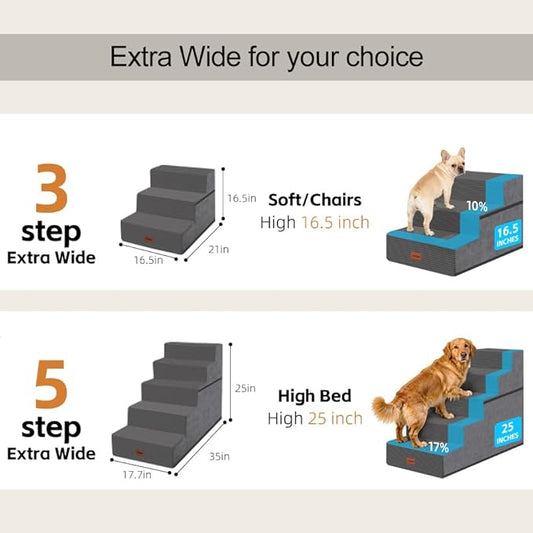Dog Stairs for Small Dogs, 25" H, 5-Step Extra Wide Pet Steps for High Bed, Non-Slip Balanced Pet Ramp for Medium Cats,Indoor Dog Ladder, Grey