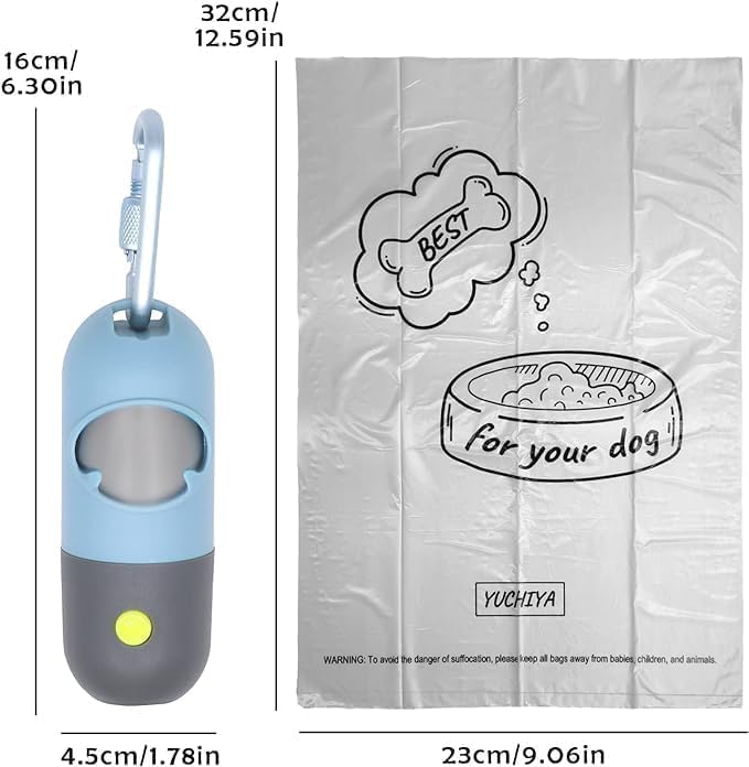 Dog Poop Bags Holder with LED Flashlight|Pet Waste Bags Dispenser for Leash|Doggie Potty Bags Container with Leak-proof Pet Trash Bags and Accessories (2 Holders 30 Bags, Sky Blue)