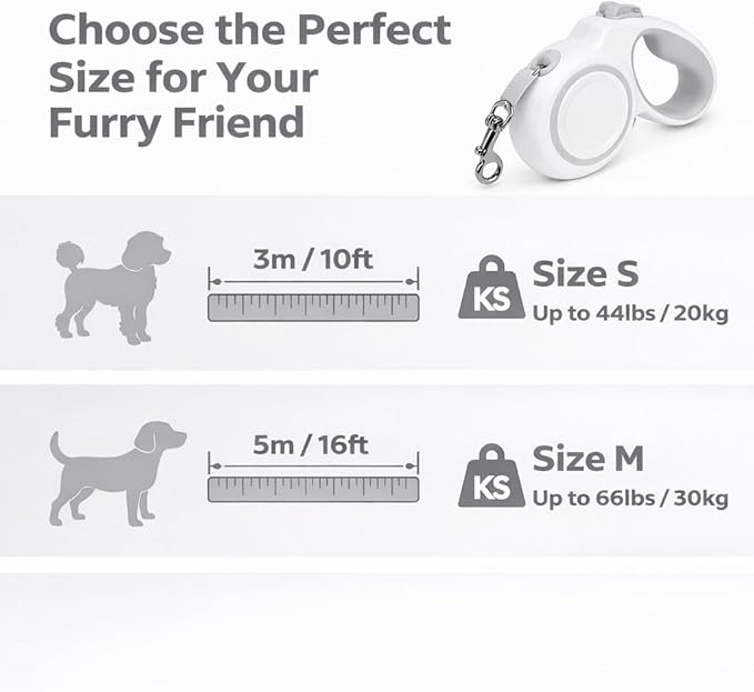Retractable Dog Leash, 360° Tangle-Free Highly Reflective Nylon Tape, Non-Slip Rubberized Handle, 10-16FT Long Dog Leash for Dogs up to 66LBS,S-Gray