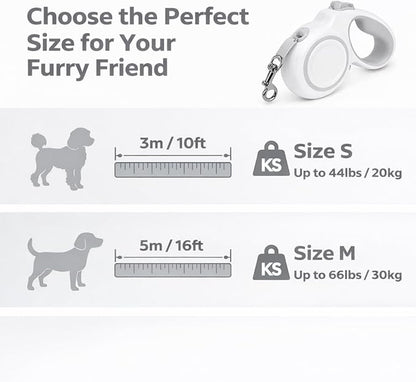 Retractable Dog Leash, 360° Tangle-Free Highly Reflective Nylon Tape, Non-Slip Rubberized Handle, 10-16FT Long Dog Leash for Dogs up to 66LBS,S-Gray