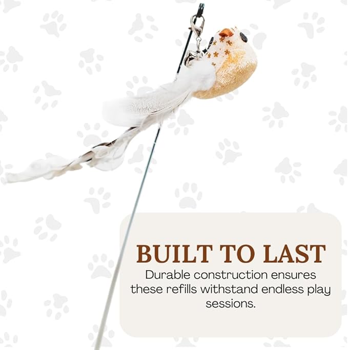 Interactive Cat Toys for Indoor Cats - 5 Replacement Feathers with Bells - Teaser Wand Toy - Self Play Bird Simulation - Bored Adult Feline Hunting Solo Chaser Activity - Kitten Juguetes para Gatos
