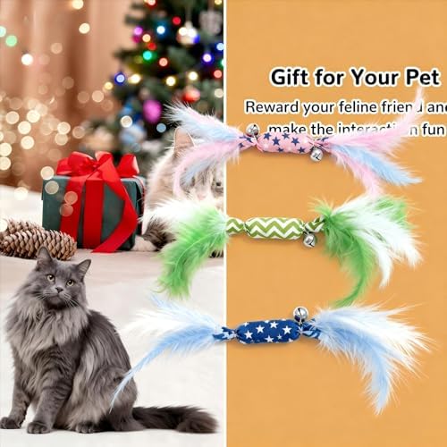 Catnip Toy Candy Shape with Bright Colors Feathers & Bell, Kicker Chew Toy for Indoor Cats, Enrichment Toys for Bored Kittens & Adult Cats, 3-Pack Crinkle Plush Toys for Teething and Play - Image 6