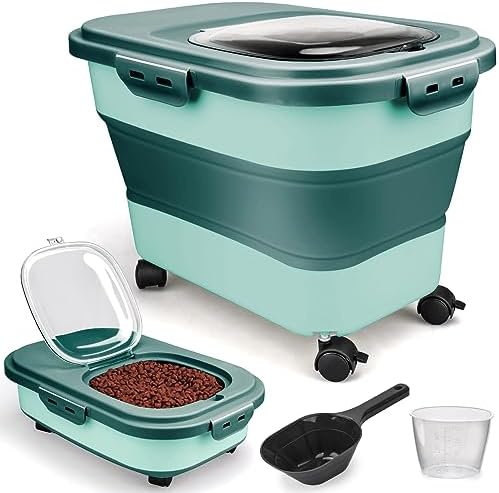 Viretec Dog Food Storage Container, 10-20Lbs Collapsible Pet Food Storage Containers with Rolling Wheel Airtight Locking Lid, Dry Food Storage Bin with Cup and Scoop,Suitable for Pet Food, Flour, Rice by Viretec