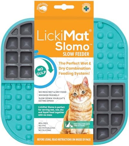 LickiMat Slomo, Cat Slow Feeder Lick Mat, Boredom Anxiety Reducer; Perfect for Food, Treats, Yogurt, or Peanut Butter. Fun Alternative to a Slow Feed Cat Bowl or Dish, Turquoise by LICKIMAT