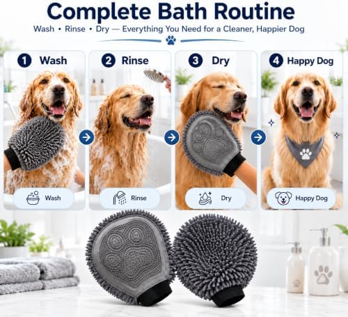 2-in-1 Dog Washing Glove, Silicone Bath Scrubber & Chenille Pet Towel, Dog Bath Glove for Bathing, Grooming & Hair Removal - Image 7