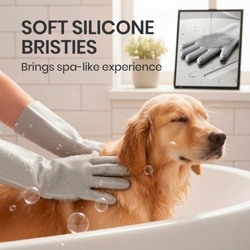DELOMO Silicone Pet Grooming Gloves Dog Washing Gloves with Comb, Grey - Image 5