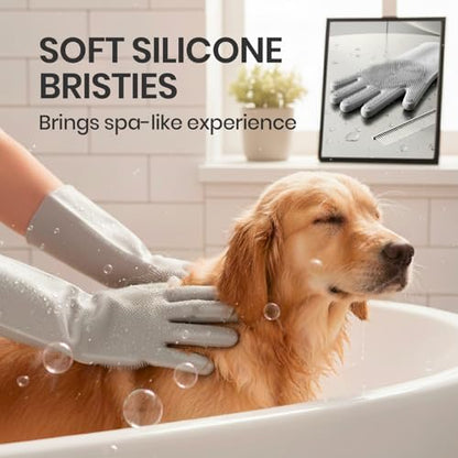DELOMO Silicone Pet Grooming Gloves Dog Washing Gloves with Comb, Grey - Image 5