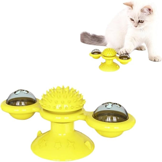 Interactive Cat Toys & Treat Dispenser with Catnip Ball - Chew, Scratch, Rub & Teeth Grooming Toys for Indoor Cats, BPA-Free, Sturdy TPR(Yellow)