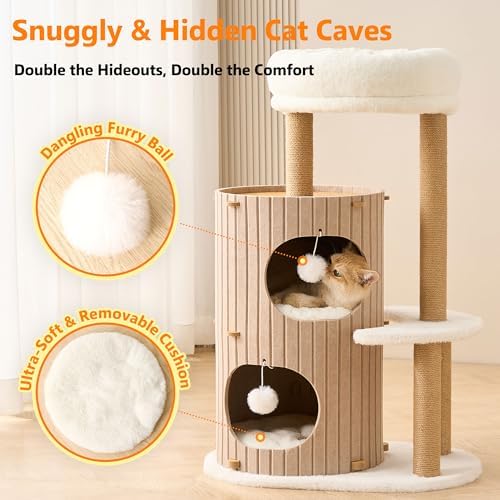 Modern Cat Tree for Indoor Small & Medium Cats, 36" Cat Tower with Scratching Posts, 2 Cozy Cat Caves, Top Perch, Dangling Balls, Washable Cushions, Space-Saving Cat Condo, Brown - Image 2