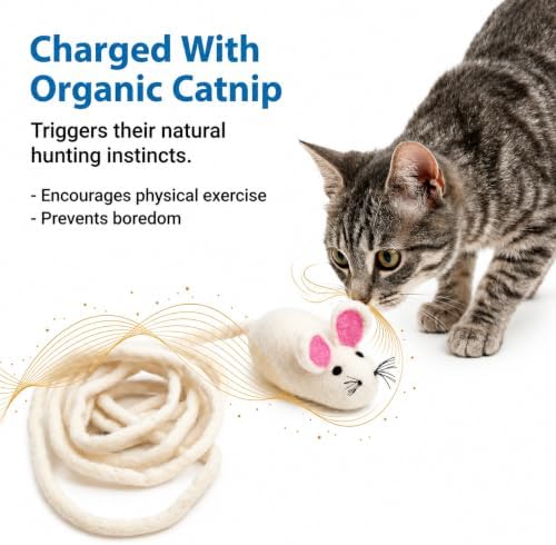 Glaciart One Felt Mouse Cat Toy – Soft Fuzzy Enrichment 100% Natural Wool - Interactive Catnip Play Cat Toy Set - Safe for Pets, Non-AZO Colored Dyes - 100” Long - Image 6