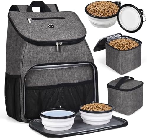 BAGLHER丨Dog Travel Bag, Airline Approved Pet Supplies Backpack, Dog Travel Backpack Accessories Set with 2 Silicone Collapsible Bowls and 2 Food Baskets, Gray by BAGLHER