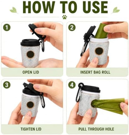 Diamond Rhinestone Coffee Cup Dog Poop Bag Holder for Leashes Leak Proof Trash Bag Dispenser with Carabiner Includes 15 Scented Dog Waste Bags Pet Walking Accessories for Cats Litter Gift - Image 3