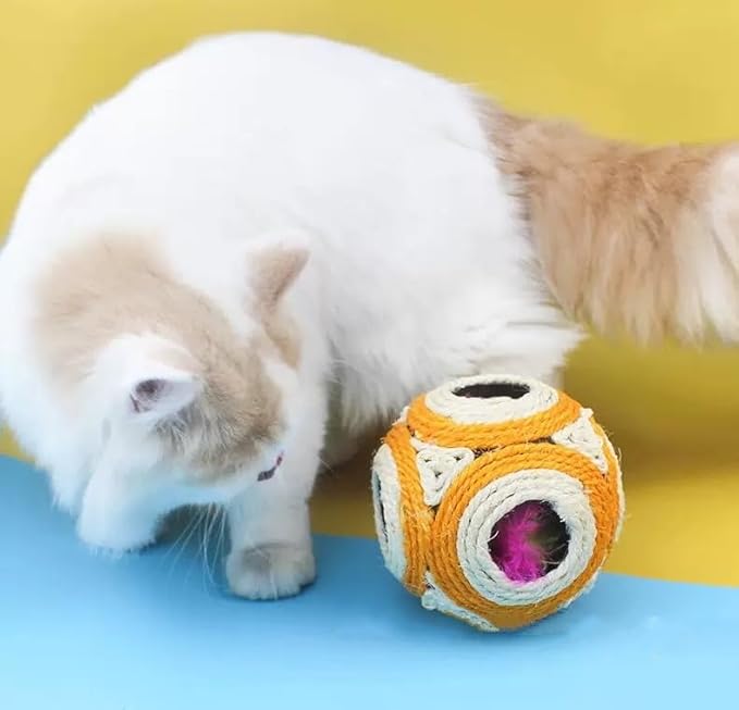 1x Hemp Ball Cat Toy,Six-Hole Hollow-Out Designed,Sisal Hemp Woven Cat Toy, Plume Bell Inside,Special Kitten Chew Toys for Indoor Cats,Interactive pet (Yellow, 12cm Ball)