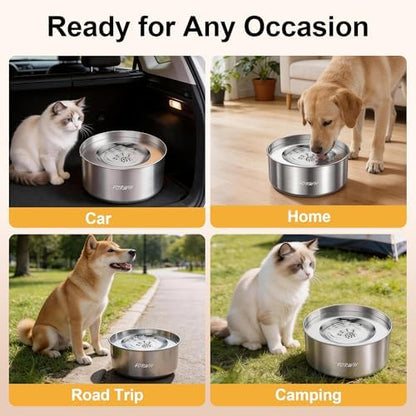 304 Stainless Steel Dog Water Bowl No Spill, 101oz/3L Large Capacity Pet Water Dispenser with Floating Disk, Non-Slip Slow Drink Feeder for Cat, Anti-Gulping & Splash Proof for Travel, Car & Home - Image 6