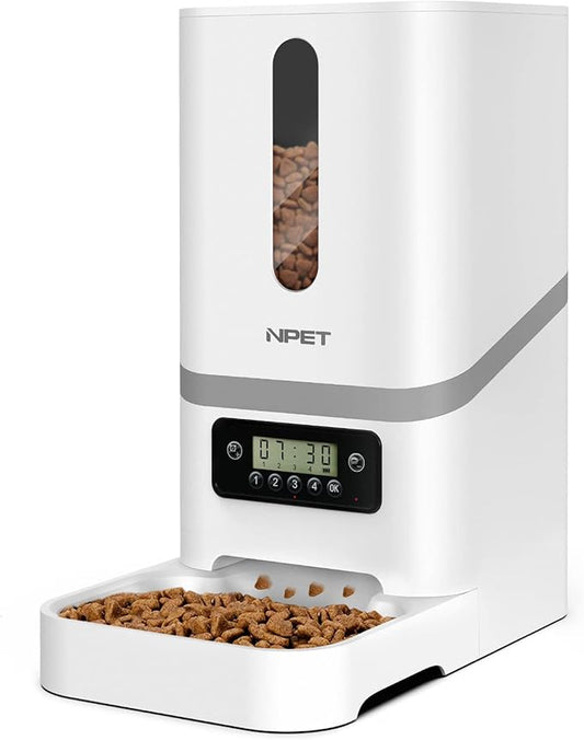 NPET Automatic Cat Feeder, 6L Dog Food Dispenser with Desiccant Bag for Pet Dry Food, 1-4 Meal Per Day Automatic Dog Feeder for Cats & Dogs (White)