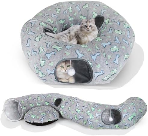 Cat Tunnel Bed, Foldable Cat Donut Tunnel with Removable Cushion & Toy Ball, Stress Relief Fun, Round Pet Play Tunnel for Indoor Cats, Kittens and Small Pets (3D Dinosaur Pattern) by KWUY