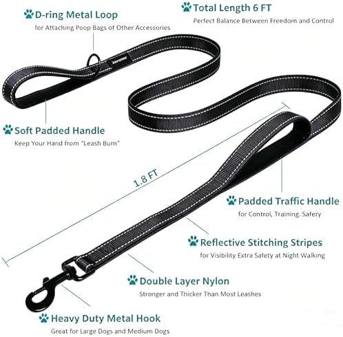 Dog Leash Heavy Duty - 2 Handles by Padded Traffic Handle for Extra Control, 6foot Long - Perfect for Medium to Large Dogs (6 ft, Black Blue) - Image 2