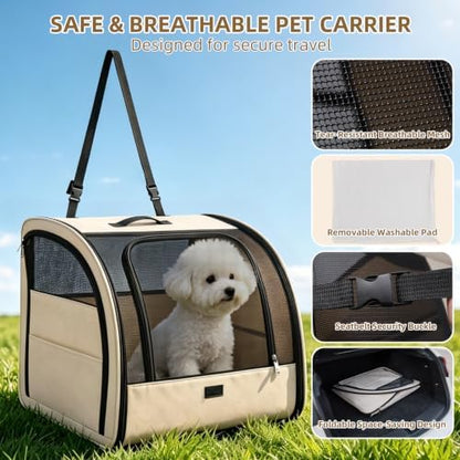 Dog Car Seat for Small Medium Dogs & Cats, Soft-Sided, Beige - Image 3
