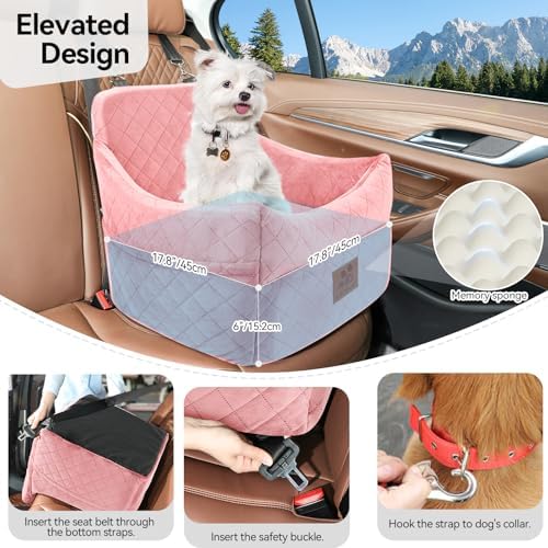 Dog Car Seat for Small/Medium Dogs, Dog Booster Car Seats with Thick Cushion for Dogs Under 35lbs, Detachable Washable Pet Bed with Storage Pockets, 2 Safety Belts (Pink) - Image 4