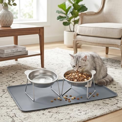 Elevated Cat Bowl with Food Mat - 2 Pack 15°Tilted Stand Raised Bowl, Stainless Steel Whisker Friendly Anti Vomiting Food Water Dishes, Silicone Feeding Mat for Cats Puppy Kitten Small Dog - Image 6