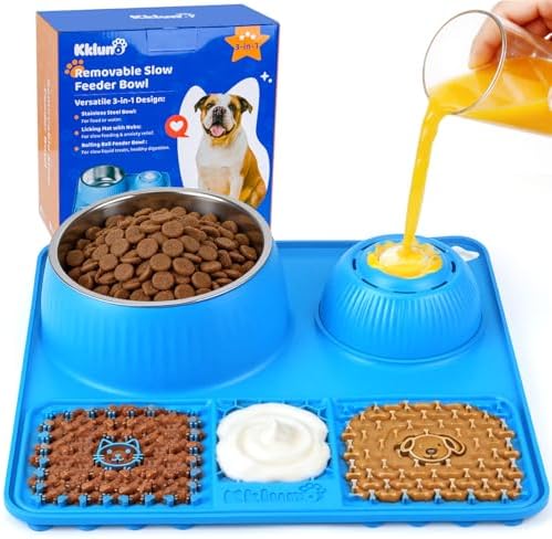 Slow Feeder Dog Bowl with Lick Mat & Interactive Rolling Ball, Stainless Steel Pet Feeding Station with Non-Slip Stable Grip Base for Wet Food, Dry Kibble (Light Blue) by Kkluno