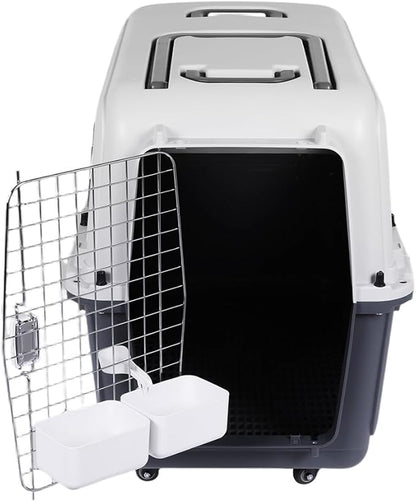 33 Inch Airline Approved Large Travel Dog Crate, Hard-Sided Pet Travel Kennel with Four Removable Wheels, Handles, Food and Water Bowls, for Car SUV Truck (33.1" L x 21.6" W x 25.2" H)