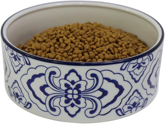 Ceramic Large Dog Bowls, Non Slip Heavy Porcelain Breed Dog Food and Water Bowl,8" Pet Feeding Bowl for Medium, and Big Dogs,Vintage Blue & White -7 Cups