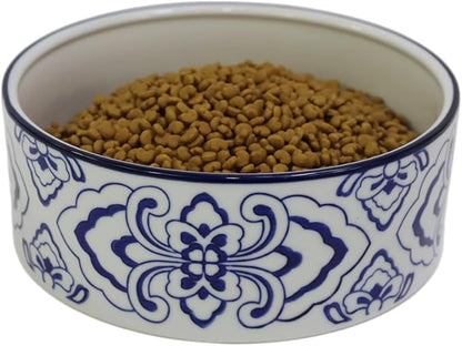 Ceramic Large Dog Bowls, Non Slip Heavy Porcelain Breed Dog Food and Water Bowl,8" Pet Feeding Bowl for Medium, and Big Dogs,Vintage Blue & White -7 Cups