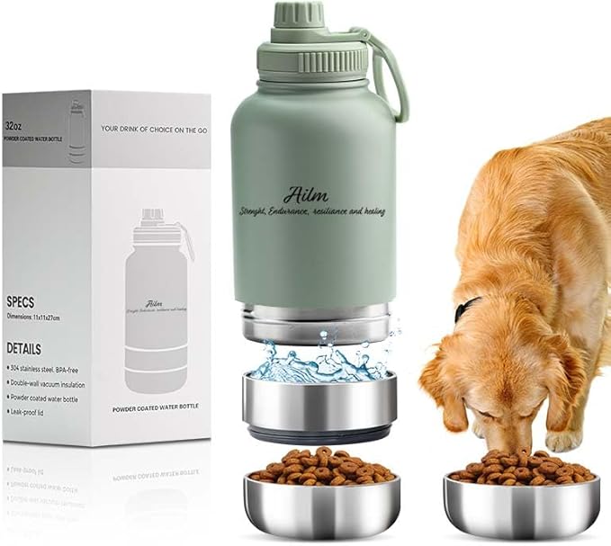 Travel Pet Feeder, 3-in-1 Food and Water Bottle Dispenser (Sage)